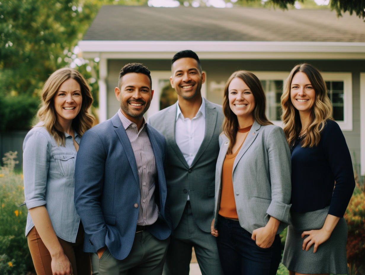 Dam photo of a team of real estate agents smiling in front of a 71e14ee7 2458 4aec a5e7 25cb7e237fb4